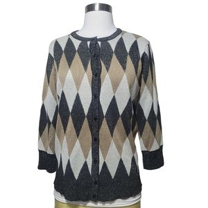 Cable & Guage Beige Black Metallic Cardigan Sweater Size Large